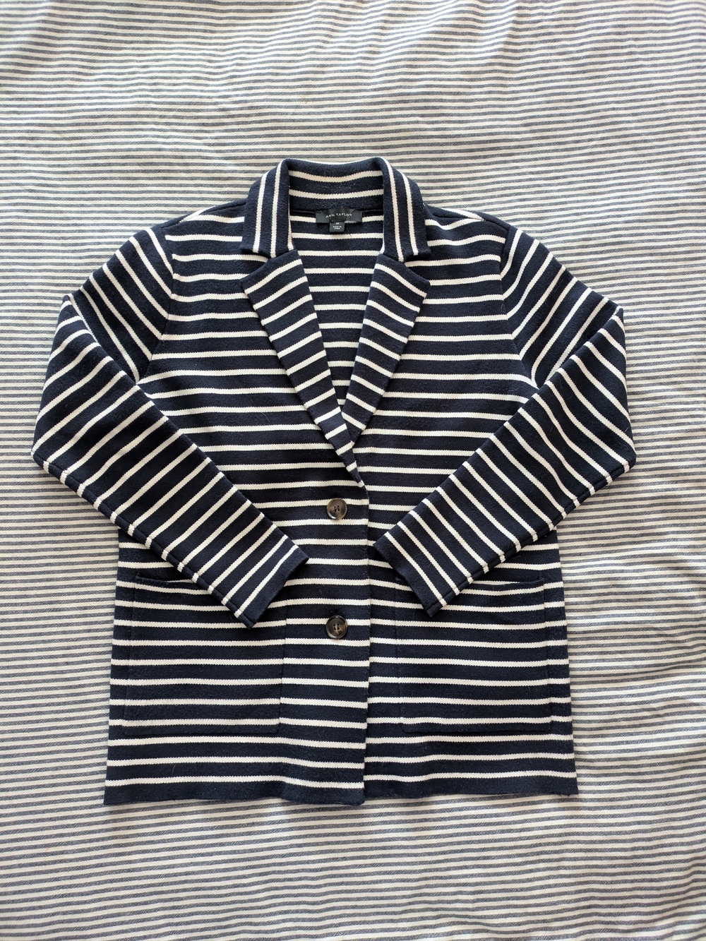 Ann Taylor Navy and White Striped Sweater Blazer